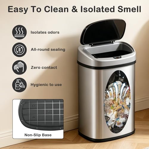 Kitchen Trash Can, 13 Gallon Automatic Gabage Can with Lid and Motion Sensor for Kitchen Home Office Bedroom Bathroom Living Room, Kitchen Garbage Can Touchless Trashcans Stainless Steel Can - color: SILVER
