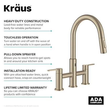 KRAUS Oletto Touchless Sensor Bridge Kitchen Faucet with Pull-Down Sprayhead in Spot-Free Antique Champagne Bronze, KSF-3122SFACB - color: Spot Free Antique Champagne Bronze, style: Bridge Touchless Faucet