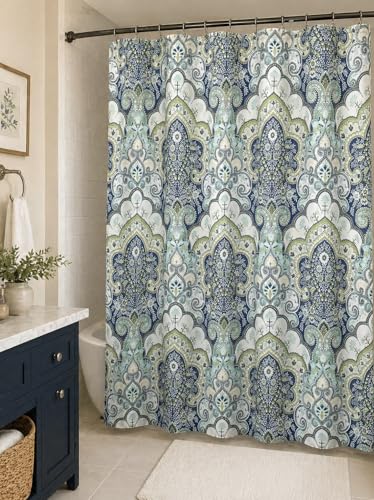Serafina Home Hotel Quality Fabric Bathroom Shower Curtain: Floral Paisley Moroccan Damask (72 x 70 inches) - color: Blue, Green,aqua