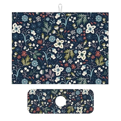 2Pcs Dish Drying Mats Faucet Mats Sets Large Size Coffee Mats Sink Faucet Mat Splash Guard for Kitchen Counter Bathroom Sink Coffee Bar Kitchen Decor (Cute Wildflowers, 18"x24" 15" x 5.5"Set) - color: Cute Wildflowers