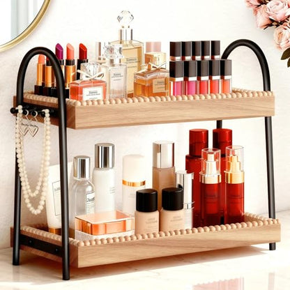 Bathroom Vanity Organizer Countertop 2-Tier Waterproof 20+ Bottles 8 Hooks | Tall space large perfume/skincare bottles, vanity/bathroom/dresser, paulownia wood, hooks keep jewelry neat, non-slip base - color: A-Large&Medium-Black & Light Brown