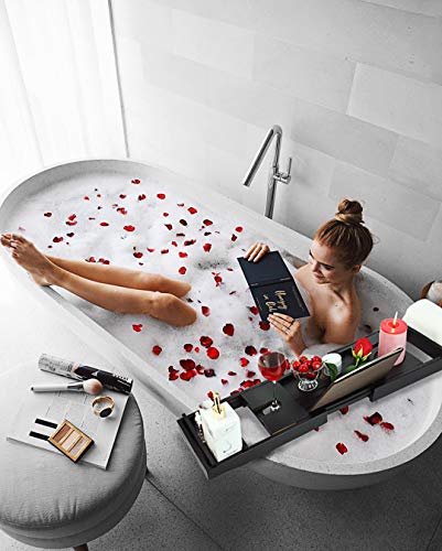 HOME OF HOME Luxury Bamboo Bathtub Caddy Tray for Tub - Bath Stand Shower Drink Holder with Extending Sides - Wood Bath Tray Expandable with Book and Wine Holder (Black)