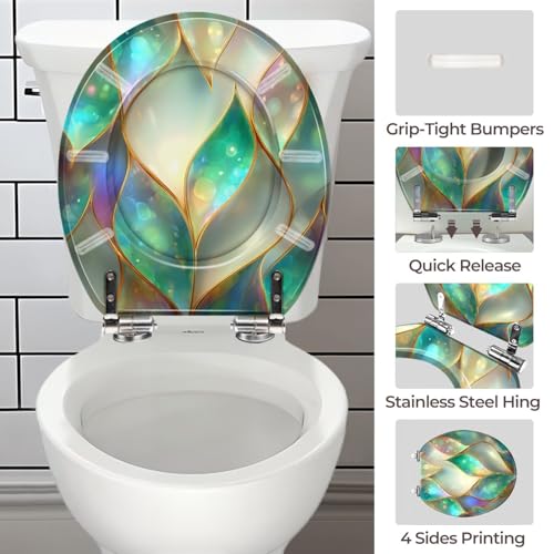 Round Resin Toilet Seat, Quietly Close Quick Release Hinges Cover | Toilet Lid Cover Easy to Clean and Install, Sophisticated Mosaic Pearlescent Gold Accents Heavy Duty Toilet Seat - color: pattern9, size: O-shape