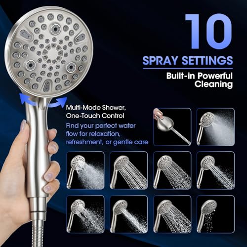 Shower Head with Handheld, High Pressure 10 Spray Built-in Pause & Power Wash, Anti-clog Nozzles, Detachable Hand Held Showerhead with Leakproof Stainless Steel Hose&Adjustable Bracket Brushed Nickel - color: Brushed Nicekl