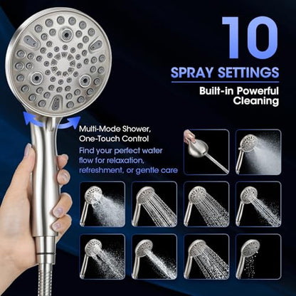 Shower Head with Handheld, High Pressure 10 Spray Built-in Pause & Power Wash, Anti-clog Nozzles, Detachable Hand Held Showerhead with Leakproof Stainless Steel Hose&Adjustable Bracket Brushed Nickel - color: Brushed Nicekl