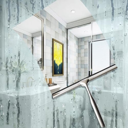 Shower Squeegee for Glass Doors Stainless Steel with Self Adhesive Hook Window Squeegee for Shower Door Bathroom Mirror Wiper, Window Glass Cleaning - size: 10 inches