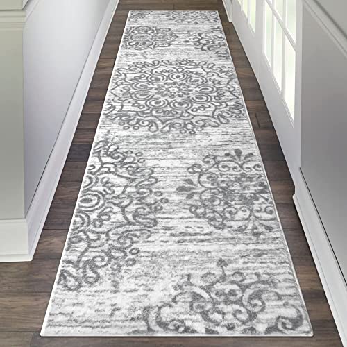 HEBE Hallway Runner Rug 2'x8', Washable Non Slip Kitchen Rug Runner | Soft Boho Bedroom Runner Rug, Vintage Distressed Low-Pile Floor Carpet Runners for Hallway, Entrance, Bathroom, Laundry - color: Grey, size: 2' x 8' (Rectangular)