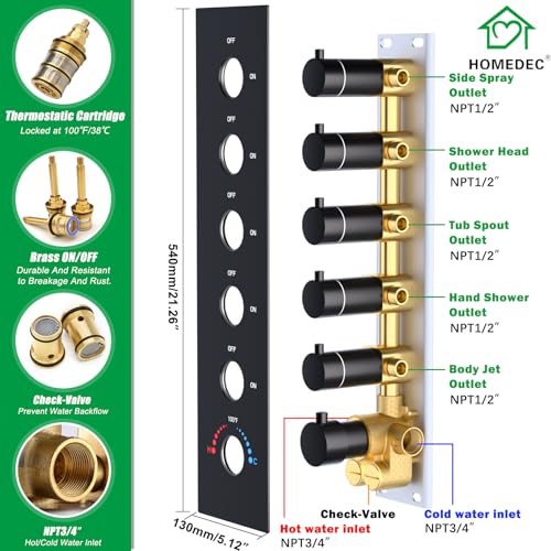 HOMEDEC 14x20inch and 6inch Shower Heads System with Bathtub Spout, 5 Way Diverter Valve, Handheld and 6 Body Jets Luxury Shower Set, Black - color: Black, style: 5-Way + 1x 6" Top + Spout
