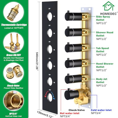 HOMEDEC 14x20inch and 6inch Shower Heads System with Bathtub Spout, 5 Way Diverter Valve, Handheld and 6 Body Jets Luxury Shower Set, Black - color: Black, style: 5-Way + 1x 6" Top + Spout