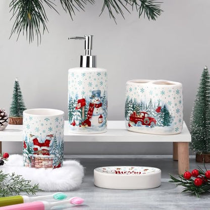 4 Pcs Christmas Ceramic Bathroom Accessories Gifts Xmas Bath Tumbler Xmas Tree Soap Dispenser Toothbrush Holder Soap Tray Merry Christmas Bathroom Decorations(Snowman) - style: Snowman