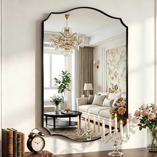 Black Vanity Wall Mirror 36"x24", Scalloped Edge Bathroom Mirror | Rust-Proof Metal Frame, Hangs Vertically/Horizontally, Decorative Bathroom Mirror, For Vanity, Bedroom & Entryway - color: Black, size: 36"L x 24"W