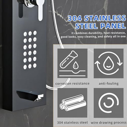 5-in-1 Shower Panel Tower System - Brushed Black | 304 stainless steel Shower Panel Tower Column with Powerful Body Jets, Rainfall, Waterfall,Handheld and Tub Spout - color: Brushed Black, style: LSH-8001