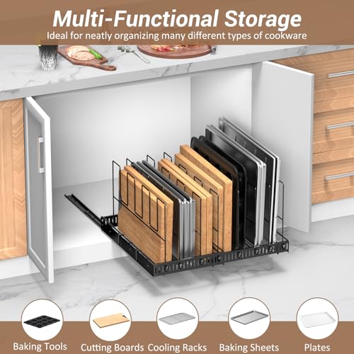 Housolution Pull Out Baking Tray and Cookie Sheet Cutting Board Organizer | 13"-22" Expandable, 21.5" Deep, 8 Adjustable Dividers, Sliding Rail Design, Sturdy Metal Structure, Adhesive/Screw Fixing - color: Black, 8 Dividers, size: Large
