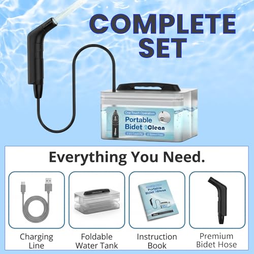 2Clean Portable Electric Travel Bidet - USB Rechargeable Bidet for Men and Women, Toilet Hygiene Solution with 2.3 Liter Container, Lightweight, Portable Device for Travel, Camping, Outdoor Living