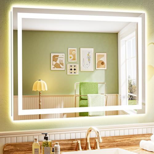 44x30 Inch LED Bathroom Mirror with Lights Front and Backlit Lighted Vanity Mirror for Bathroom Wall with 3 Colors Dimmable Anti-Fog Memory Shatter-Proof IP54 Waterproof Horizontal/Vertical - color: Backlit+front Lit, size: 44"L x 30"W