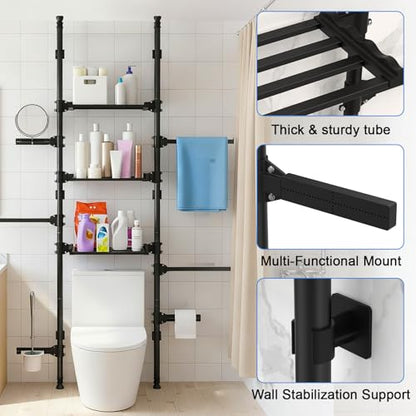 Over Toilet Storage Shelf Bathroom Organizer Rack, Adjustable 4 Tier Carbon Steel Over Toilet Shelf with Rod Structure No Drilling Installation for Small Bathroom (Black)
