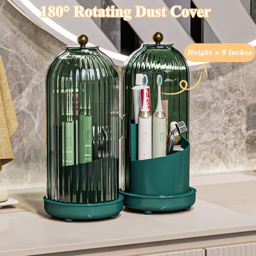 Drainable Toothbrush Toothpaste Holders with Cover, Green | Drainage Holes, Waterproof and Dustproof, 360° Rotating Base, Sliding Door, for Bathroom Counter - color: Green