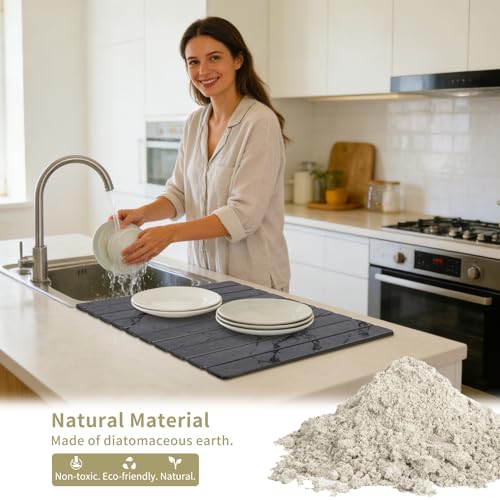 Stone Dish Drying Mat for Kitchen Counter, Large Foldable Marble Quick Dry Diatomaceous Earth Mat with 4 Stone Coasters Set, Ultra Absorbent Collapsible Drying Pad for Bathroom - color: Gray