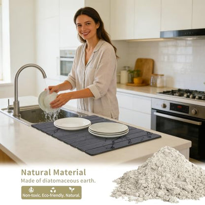 Stone Dish Drying Mat for Kitchen Counter, Large Foldable Marble Quick Dry Diatomaceous Earth Mat with 4 Stone Coasters Set, Ultra Absorbent Collapsible Drying Pad for Bathroom - color: Gray