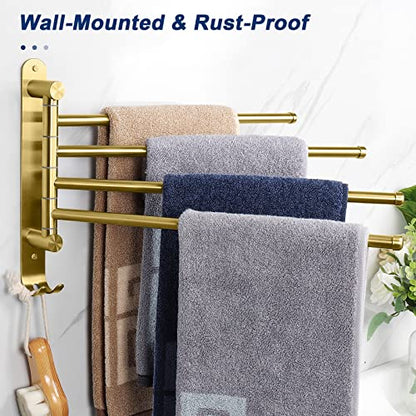 NearMoon Swivel Towel Rack, 13.8" Thicken 304 Stainless Steel 4-Arm Towel Bar, Space Saving Wall Mounted Towel Holder with Hook, Rustproof Swing Out Towel Hanger for Bathroom, Kitchen (Brushed Gold) - color: Brushed Gold, size: 13.8 Inch