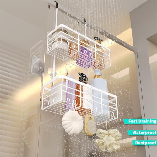 HapiRm Hanging Shower Caddy Organizer - No Drilling Shower Organizer with Hooks, Rustproof & Waterproof 304 Stainless Steel Bathroom Shelves - White - color: White