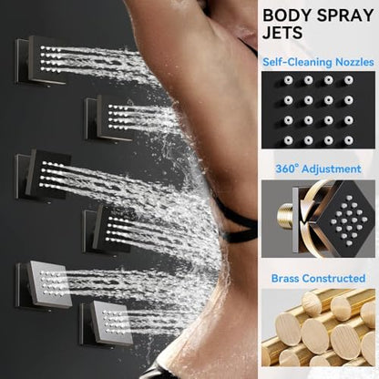 Matte Black Shower System with Body Jets, STARBATH 12 Inch Rainfall Shower and Handheld Spray, Wall Mounted Full Body Shower System Rough-in Mixer Pressure Balance Valve Shower Faucet Set Complete - color: Matte Black, size: 12"-03