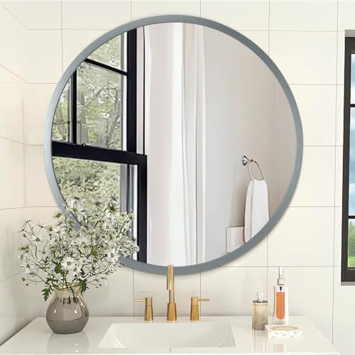 Bathroom Mirror for Wall Mirrors for Wall Metal Framed Round Hanging Mirror Matte Deep Grey Small Mirror Modern Tempered Glass for Restroom Hanging Deep Grey - color: Grey, size: 12"L x 12"W