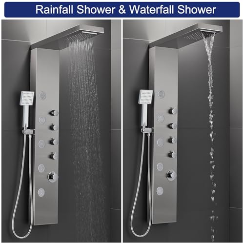 ROVATE 4-in-1 Rainfall Waterfall Shower Panel Tower System, Brushed Finish | Shower Column with Body Massage Jets and Handheld, Stainless Steel High Pressure, Use Multiple Functions Simultaneously - color: Brushed Finish