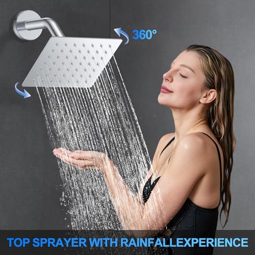 Shower Faucet Set, 12" Ceiling Mount Rainfall Shower System with 2 Rain Shower Head and Multi-function Handheld Head Push Button Diverter Shower Faucet Trim Kit (12", Polished Chrome) - color: Chrome Polished, style: 12"-Ceiling-01