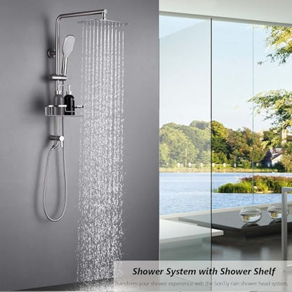 All Metal Shower System with Shower Shelf, SonTiy 9" Rain & Handheld Shower Combo, Adjustable Holder, Brass Diverter 2.5GPM Complete Bathroom Shower Set, Brushed Nickel - color: Brushed Nickel, style: 2.5 Gallons Per Minute-Square