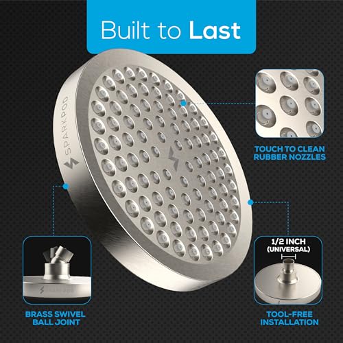SparkPod Rain Shower Head, 6 Inch Round, Elegant Brushed Nickel Finish | High Pressure Shower Heads, 90 Nozzles, Adjustable Showerhead, No Tools Needed, Universal Connection - color: Elegant Brushed Nickel, style: 6 Inch Round