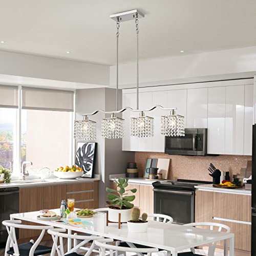 WUZUPS Crystal Chandelier 4-Light Linear Raindrop Pendant Ceiling Light Modern Lighting Fixture for Bedroom Dinning Room Bar Kitchen Island, H8.7'' W4.7'' L30.5, E12 Base, Nickel - color: Nickel Pendant Light