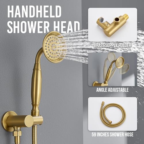 DASAN Antique Shower Faucet Sets Complete Rain Shower System in Wall with Body Shower Spray Jets, Brushed Gold Shower Fixtures with 9'' Rainfall Overhead Shower, Handheld, Valve & Trim Kit, AT249W-BTG - color: Brushed Gold