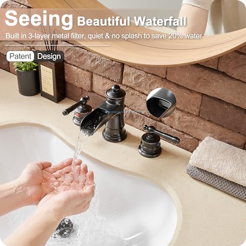 Oil Rubbed Bronze Bathroom Faucet, Brass Waterfall Faucet Widespread Bathroom Sink Faucet 3 Hole, 4-16 Inch Bathroom Faucets with Pop Up Drain 2 Handle & Supply Hose for Hotel Farmhouse Antique - color: Oil Rubbed Bronze - Farmhouse