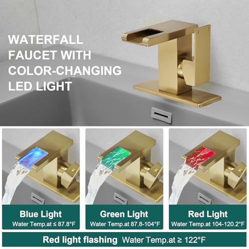 Hoimpro LED Bathroom Faucet 1 Hole, Single Handle Sink Faucets Brushed Gold | Waterfall Widespread Faucet, 3 Colors Light Changing, with Pop-up Drain & cUPC Supply Lines, for Sink Vanity RV Restroom - color: Brushed Gold