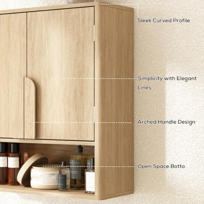 RUSTOWN Wall Mounted Bathroom Cabinets with Rounded Edges & Curved Handles | Adjustable Shelf, 3-Tier Over The Toilet Storage Cabinets, Modern Medicine Cabinet for Laundry Kitchen Living Room - color: Natural Oak