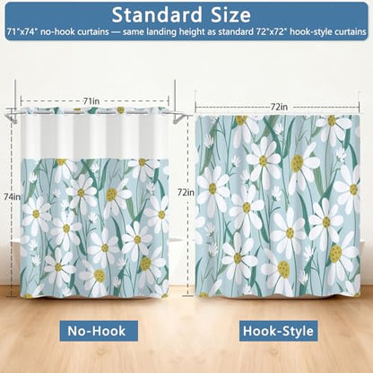 Hook-Free Floral Shower Curtains for Bathroom, Fabric Shower Curtain with Weighted Shower Curtain Liner and Ventilation Window, Daisy Pattern Farmhouse Waterproof Bath Curtain, 71x74 Inch - color: Daisy Garden