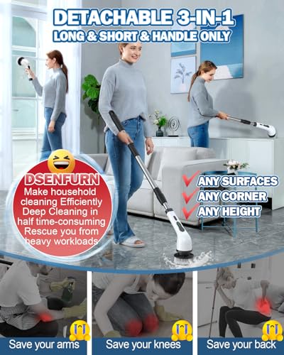 Electric Spin Scrubber, IPX7 Waterproof Cordless Cleaning Brush with 8 Replaceable Heads, Dual Speed & USB-C Charging, Retractable Handle Power Scrubber for Bathtub, Tile, Bathroom