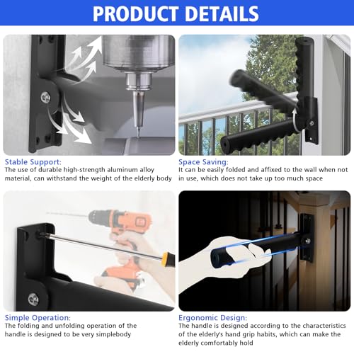 Folding Grab Bars for Doorway Stairs Assist for Seniors | Flip Up Grab Handles for Wall for Elderly, Disabled, People with Limited Balance and Mobility