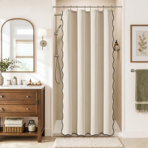 MIULEE Cream Scalloped Linen Shower Curtain 48x72 Inches | Linen Textured, Waterproof, Washable, 8 Metal Hooks, Heavy Duty Cloth, Black Border, Shower Curtain for Bathroom Bathtub - color: Cream, size: 48"W x 72"L (Pack of 1)