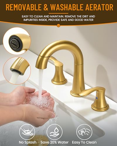 Bathroom Faucet Brushed Gold 8 Inch Certerset 3 Hole 2 Handles Faucet, BF-106B, 14 Inch Pull Down Out Sprayer Washing Pet & Cleaning, 360 Swivel Spout Widespread Coverage Vanity - color: Brushed Gold