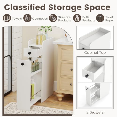 Giantex Slim Bathroom Storage Cabinet, Space-saving Toilet Side Cabinet with Slide-out Drawers on 3 Wheels, Freestanding Narrow Toilet Paper Holder for Living Room, Laundry Room, Compact Space (White) - color: White