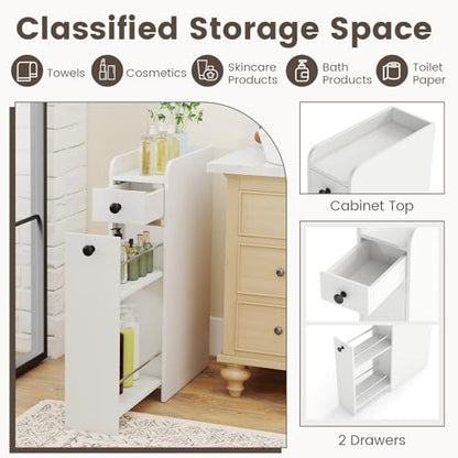 Giantex Slim Bathroom Storage Cabinet, Space-saving Toilet Side Cabinet with Slide-out Drawers on 3 Wheels, Freestanding Narrow Toilet Paper Holder for Living Room, Laundry Room, Compact Space (White) - color: White