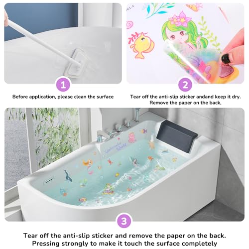 PRATIQUE Non Slip Bathtub Stickers, 6 Pages Underwater World Mermaid | Sea Organisms Stickers, Adhesive Kids Anti Slip Decal Threads, Shower Floor and Bath Tub Decals, Premium Scraper - color: Mermaid