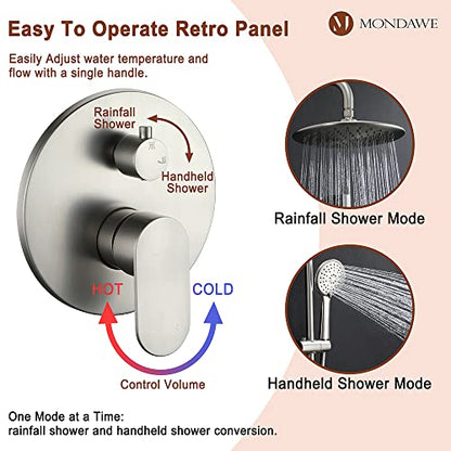 MONDAWE 9 Inch Wall Mounted Shower Faucet Set in Brushed Nickel, Rainfall Shower Head with 3-Setting Handheld Spray Shower Set Combo, High Pressure Shower System with Solid Brass Valve - color: Brushed Nickel, style: 9 IN - Without Tub Spout