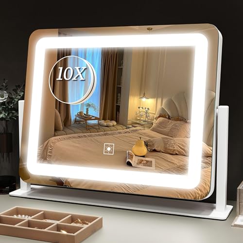 ROLOVE Vanity Mirror with Lights 15"x12", Lighted Makeup Mirror with 10X Magnification, 3 Color Lighting & Dimmable Brightness, Light Up Mirror for Desk, Bedroom, Bathroom - size: 12"L x 15"W