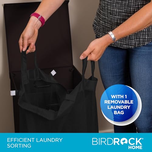 BIRDROCK HOME Single Laundry Hamper with Lid and Removable Liner | Linen | Easily Transport Laundry | Foldable Hamper | Cut Out Handles - color: Black, style: Single