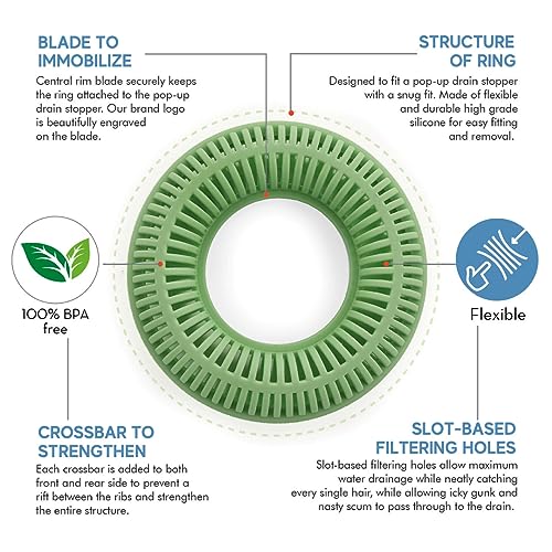 TubRing Pop-Up Drain Protector & Strainer Silicone Hair Catcher, Sage Green | Easy snap-in design fits around bathtub stoppers. Customizable utility guard for clog prevention. Fits 1.85"- 2.16" drains. - color: Sage Green