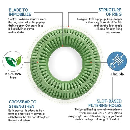 TubRing Pop-Up Drain Protector & Strainer Silicone Hair Catcher, Sage Green | Easy snap-in design fits around bathtub stoppers. Customizable utility guard for clog prevention. Fits 1.85"- 2.16" drains. - color: Sage Green