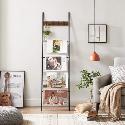 VASAGLE Blanket Ladder, 5-Tier Ladder Shelf, Decorative Ladder with 4 Removable Hooks, Metal Frame, Industrial Style, Rustic Brown and Black ULLS016B01